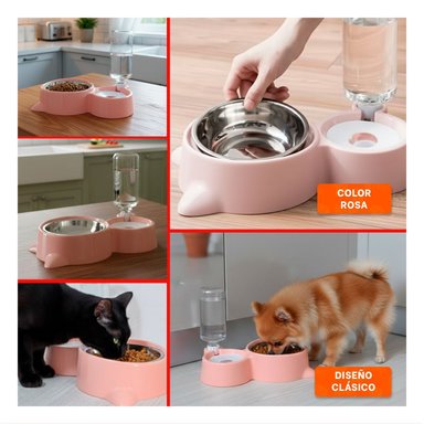 EQUIPO PARA MASCOTA 2 EN 1 CON OREJITAS PARA COMIDA Y AGUA CELESTE Y+POST IT - 1