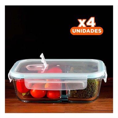 PACK4 CAJA VIDRIO 2 DIVISIONES 1040ML TRANSPARENTE LINEA BLANCA COCINA - 1