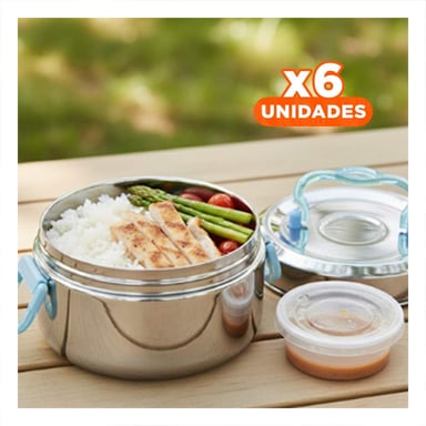 PACK6 CONTENEDOR PLATEADO Y CELESTE CIRCULAR CUADRADO CON CAPACIDAD DE 1000ML Y+REGALO STICKER - 1