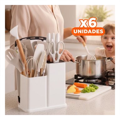 PACK6 KIT MODERNO CON 18 PIEZAS BLANCO EN SILICONA Y MADERA PARA COCINA Y+REGALO STICKER - 1