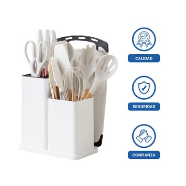 PACK6 KIT MODERNO CON 18 PIEZAS BLANCO EN SILICONA Y MADERA PARA COCINA Y+REGALO STICKER - 2