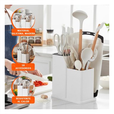 PACK6 KIT MODERNO CON 18 PIEZAS BLANCO EN SILICONA Y MADERA PARA COCINA Y+REGALO STICKER - 3