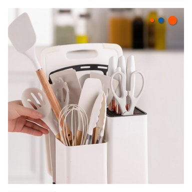 PACK6 KIT MODERNO CON 18 PIEZAS BLANCO EN SILICONA Y MADERA PARA COCINA Y+REGALO STICKER - 5
