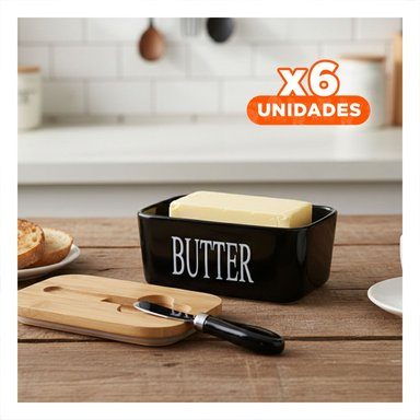 PACK6 SET BLANCO DE PORTA MANTEQUILLA TAPA BAMBU Y CUCHILLO COCINA DIARIO Y+REGALO STICKER - 1