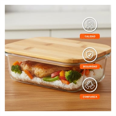 PACK4 CAJA DE VIDRIO 1040ML RECTANGULAR TRANSPARENTE CON TAPA BAMBU COCINA - 3