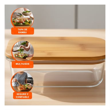 PACK4 CAJA DE VIDRIO 1040ML RECTANGULAR TRANSPARENTE CON TAPA BAMBU COCINA - 5