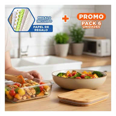 PACK6 CAJA 640ML RECTANGULAR TRANSPARENTE CON TAPA DE BAMBU PARA ORGANIZAR Y+PAPEL REGALO - 1