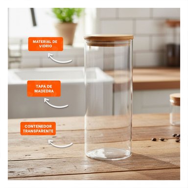 CONTENEDOR DE VIDRIO 700ML TRANSPARENTE CON TAPA MADERA PARA COCINA Y+REGALO STICKER - 5