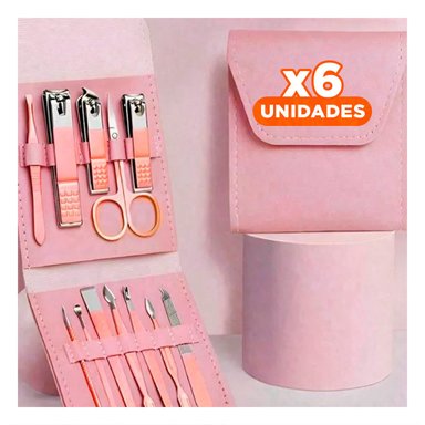 PACK6 HERRAMIENTAS MANICURE Y PEDICURE 12 PIEZAS ROSADO CON CORTAUÑAS Y+REGALO STICKER - 1