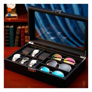 ORGANIZADOR PORTA 6 RELOJES Y 3 LENTES NEGRO COMPLETO CON COMPARTIMENTOS - 1