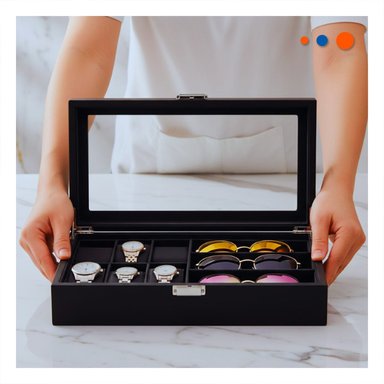 ORGANIZADOR PORTA 6 RELOJES Y 3 LENTES NEGRO COMPLETO CON COMPARTIMENTOS - 2