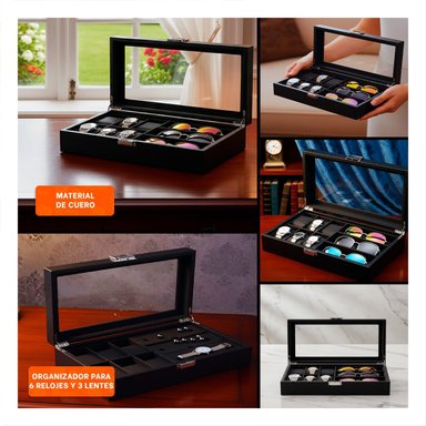 ORGANIZADOR PORTA 6 RELOJES Y 3 LENTES NEGRO COMPLETO CON COMPARTIMENTOS - 5