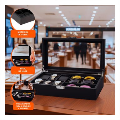PACK2 CAJA PARA 6 RELOJES Y 3 LENTES NEGRO COMPLETO CON ACABADO MODERNO Y+REGALO STICKER - 5