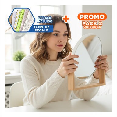 PACK2 ESPEJO OVALADO DE MESA CON BASE MADERA 15CM DOBLE VISTA Y+PAPEL REGALO - 1