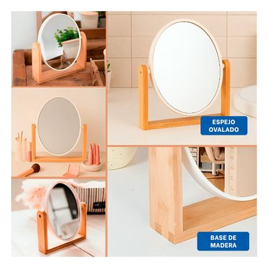 PACK6 ESPEJO OVALADO DE MESA DOBLE VISTA 15CM CON BASE MADERA Y+PAPEL REGALO - 3
