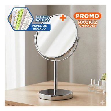 PACK2 ACCESORIO REDONDO DOBLE DE MESA 21,5CM PLATEADO PARA MAQUILLAJE Y+PAPEL REGALO - 1