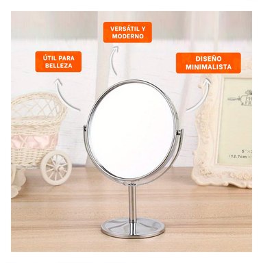 ESPEJO COMPACTO CIRCULAR DOBLE DE MESA 14,5CM PLATEADO Y+LIGAS REGALO - 2