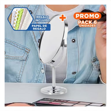 PACK6 ESPEJO DE TOCADOR OVALADO DOBLE 16CM PLATEADO CON GIRO Y+PAPEL REGALO - 1