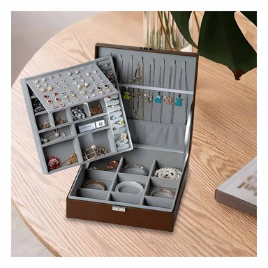 ORGANIZADOR PORTATIL MARRON PARA JOYERO 2 NIVELES LIGERO PRACTICO DURABLE Y+LIGAS REGALO - 1