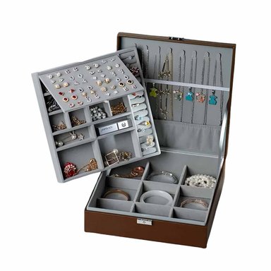 ORGANIZADOR PORTATIL MARRON PARA JOYERO 2 NIVELES LIGERO PRACTICO DURABLE Y+LIGAS REGALO - 3