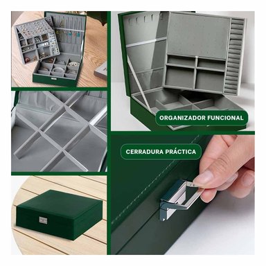 PACK6 CAJA ORGANIZADORA COMPACTA VERDE OSCURO PARA JOYERO 2 NIVELES COMODA UTIL Y+PAPEL REGALO - 3