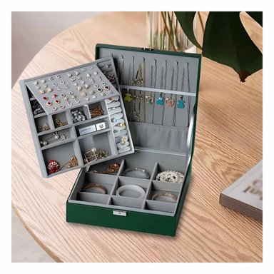 PACK6 CAJA ORGANIZADORA COMPACTA VERDE OSCURO PARA JOYERO 2 NIVELES COMODA UTIL Y+PAPEL REGALO - 5