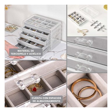 ORGANIZADOR 5 NIVELES PLOMO DE TERCIOPELO Y ACRILICO PARA GUARDAR JOYERIA SEGURA Y+POST IT - 1