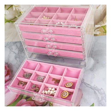ORGANIZADOR 5 NIVELES ROSADO DE TERCIOPELO Y ACRILICO QUE CUIDA Y EXHIBE JOYAS Y+REGALO STICKER - 5