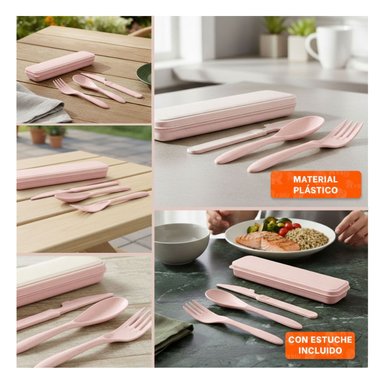 CUBIERTOS REUTILIZABLES CON ESTUCHE SET DE 3 PIEZAS ROSADO Y+LIGAS REGALO - 5