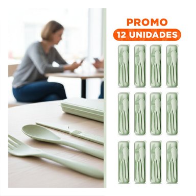 PACK12 JUEGO 3 CUBIERTOS CON ESTUCHE FUNCIONAL COMPACTO COLOR VERDE Y+REGALO STICKER - 1