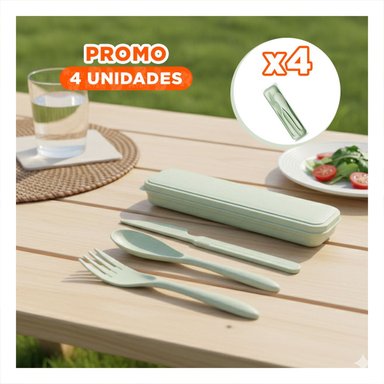 PACK4 KIT 3 CUBIERTOS PORTATILES CON ESTUCHE SEGURO Y COMPACTO VERDE - 1