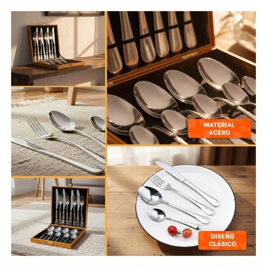 KIT DE CUBIERTOS PARA COMEDOR FAMILIAR CON CAJA PLATEADO Y+LIGAS REGALO - 5