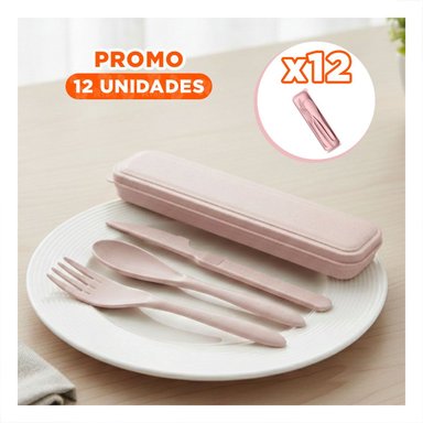 PACK12 JUEGO 3 CUBIERTOS CON ESTUCHE FUNCIONAL COMPACTO COLOR ROSADO - 1
