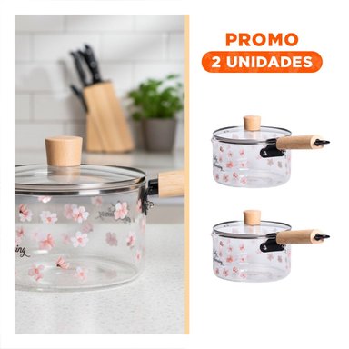 PACK2 CALDERO DE VIDRIO CON DECORACION FLORAL Y MANGO LARGO TRANSPARENTE FLORES - 1