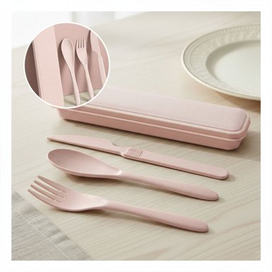 JUEGO DE 3 CUBIERTOS COMPACTOS CON ESTUCHE PORTATIL ROSADO Y+POST IT - 2