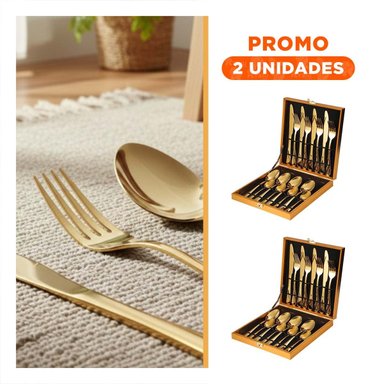PACK2 SET 16 CUBIERTOS EN CAJA RIGIDA PARA MESA DORADO - 1