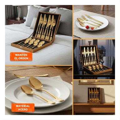 COLECCION GOURMET 16 CUBIERTOS PARA ATENCION DE INVITADOS DORADO Y+POST IT - 5