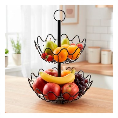 PORTA FRUTAS CIRCULAR DE 2 NIVELES CON ONDAS COLOR NEGRO - 1