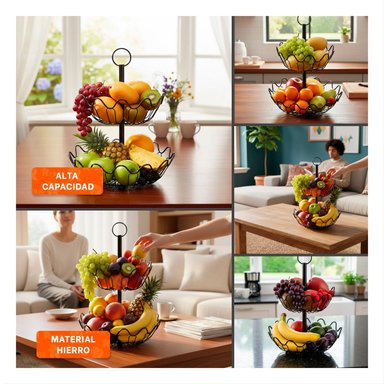 PORTA FRUTAS CIRCULAR DE 2 NIVELES CON ONDAS COLOR NEGRO - 5