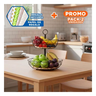 PACK2 ORGANIZADOR DE FRUTAS CIRCULAR 2 NIVELES NEGRO CON MADERA Y+PAPEL REGALO - 1