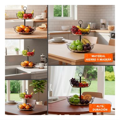 PACK2 ORGANIZADOR DE FRUTAS CIRCULAR 2 NIVELES NEGRO CON MADERA Y+PAPEL REGALO - 3