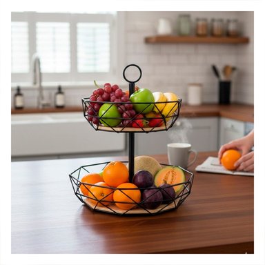 PACK2 ORGANIZADOR DE FRUTAS CIRCULAR 2 NIVELES NEGRO CON MADERA Y+PAPEL REGALO - 5