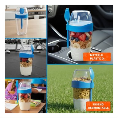 PACK2 TAZA YOGURERA 2 EN 1 CON CUBIERTO GRANDE AZUL PARA TRANSPORTE FACIL Y+PAPEL REGALO - 3