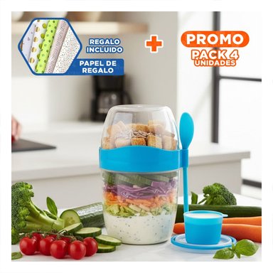 PACK4 VASO YOGUR AZUL CON CUBIERTO REUTILIZABLE PARA SNACKS Y FRUTAS Y+PAPEL REGALO - 1