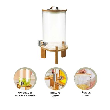 DISPENSADOR 8L TRANSPARENTE CON BASE DE MADERA PARA JUGOS, REFRESCOS O AGUA - 3