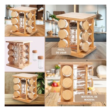 COLECCION GIRATORIA CUADRADA DE MADERA CON 12 FRASCOS COCINA Y+POST IT - 1