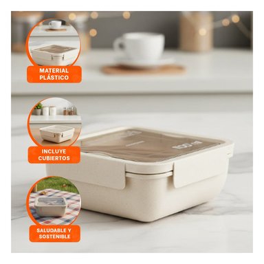 PACK6 CAJA CUADRADA CON CUBIERTOS 1100ML ROSADO PARA LUNCH Y MANTENER FRESCA - 5