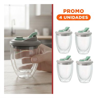 PACK4 COPA DURABLE DE VIDRIO DOBLE CON TAPA DE SILICONA RESISTENTE Y+REGALO STICKER - 1