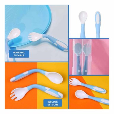 PACK12 UTENSILIO ALIMENTACION FORMA FLEXIBLE PARA BEBE CELESTE CON ESTILO AZUL Y+PAPEL REGALO - 2