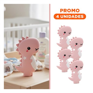 PACK4 JUGUETE SILICONA MODELO DINOSAURIO PARA BEBE ROSADO DE RESISTENCIA ALTA Y+REGALO STICKER - 1
